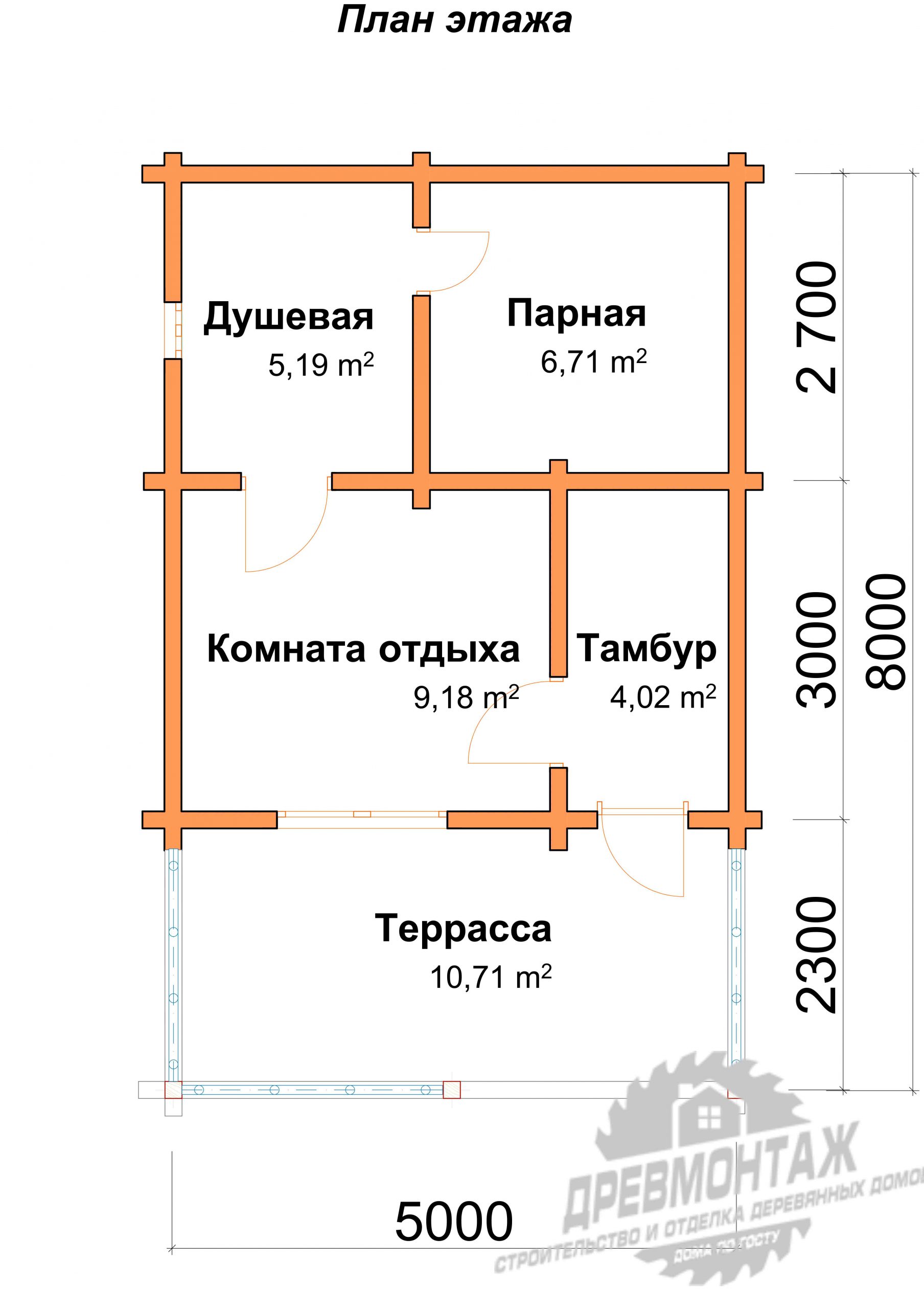 План бани с комнатой отдыха и верандой